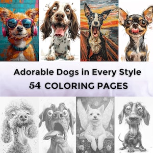 May include: An image featuring illustrated dogs in diverse styles. The image includes a dog wearing sunglasses and headphones, a dog with its tongue out, and other expressive canine portraits. Text reads "Adorable Dogs in Every Style 54 COLORING PAGES."
