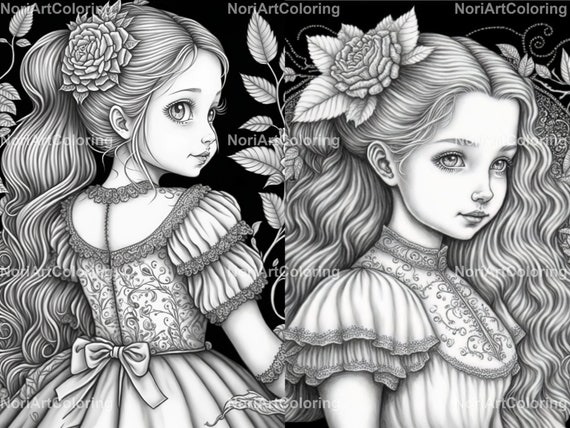 15 Alice in Wonderland Coloring Pages Beautiful Girls With Gorgeous Hair  and Dress Printable Adult Coloring Pages Grayscale Coloring - Etsy