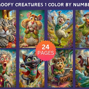 Peut inclure: Huit illustrations colorées de personnages d'animaux fantaisistes, dont un chat, un hamster, un lama, un canard, une vieille dame, un chat noir, un ours et un éléphant. Le texte "GOOFY CREATURES 1 COLOR BY NUMBER" est en haut et "24 PAGES" au centre.