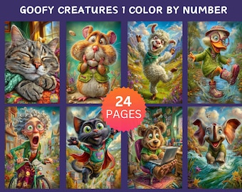May include: A collection of eight colorful illustrations featuring whimsical animal characters. The images include a cat, hamster, llama, duck, elderly woman, black cat, bear, and elephant. The text "GOOFY CREATURES 1 COLOR BY NUMBER" is at the top, and "24 PAGES" is in the center.