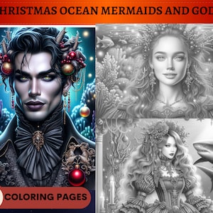 39 Christmas Mermaids/Ocean Gods and Goddesses Grayscale Coloring Pages | Gothic Elegant Gorgeous Mermaids | Printable Adult Coloring Pages