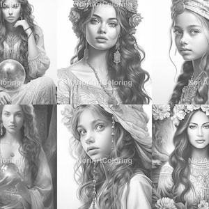 Può includere: Un'illustrazione digitale in bianco e nero di cinque donne con lunghi capelli fluenti. Ogni donna indossa uno stile di abbigliamento e gioielli diverso. Le donne guardano tutte lo spettatore.