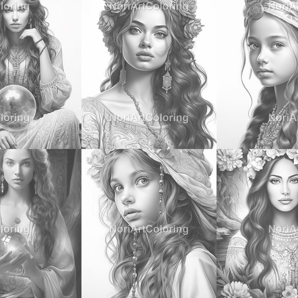 36 Gypsy Women and Men Grayscale Coloring Pages Set 2 |Romani Girls and Boys coloring pages | Printable Adult Coloring Pages | Printable PDF