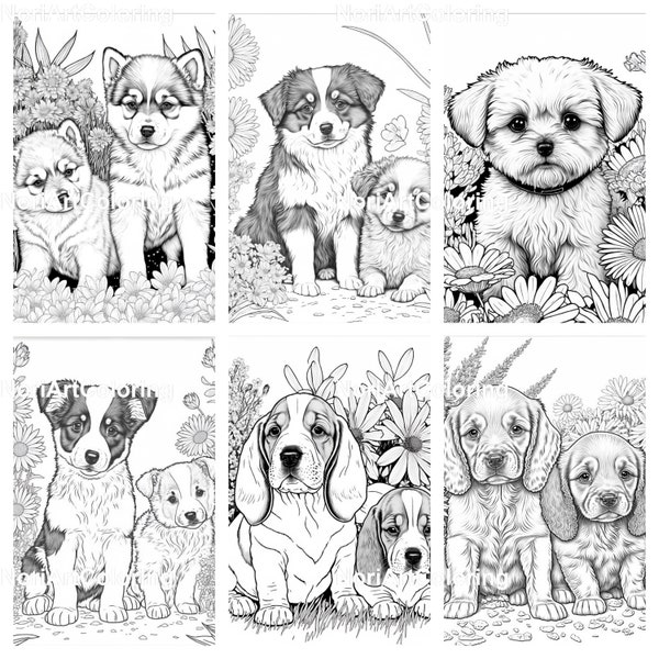 10 schattige puppy's verschillende soorten kleurboek | Afdrukbare kleurplaten voor volwassenen | Grijswaardenillustratie downloaden | Afdrukbaar PDF-bestand