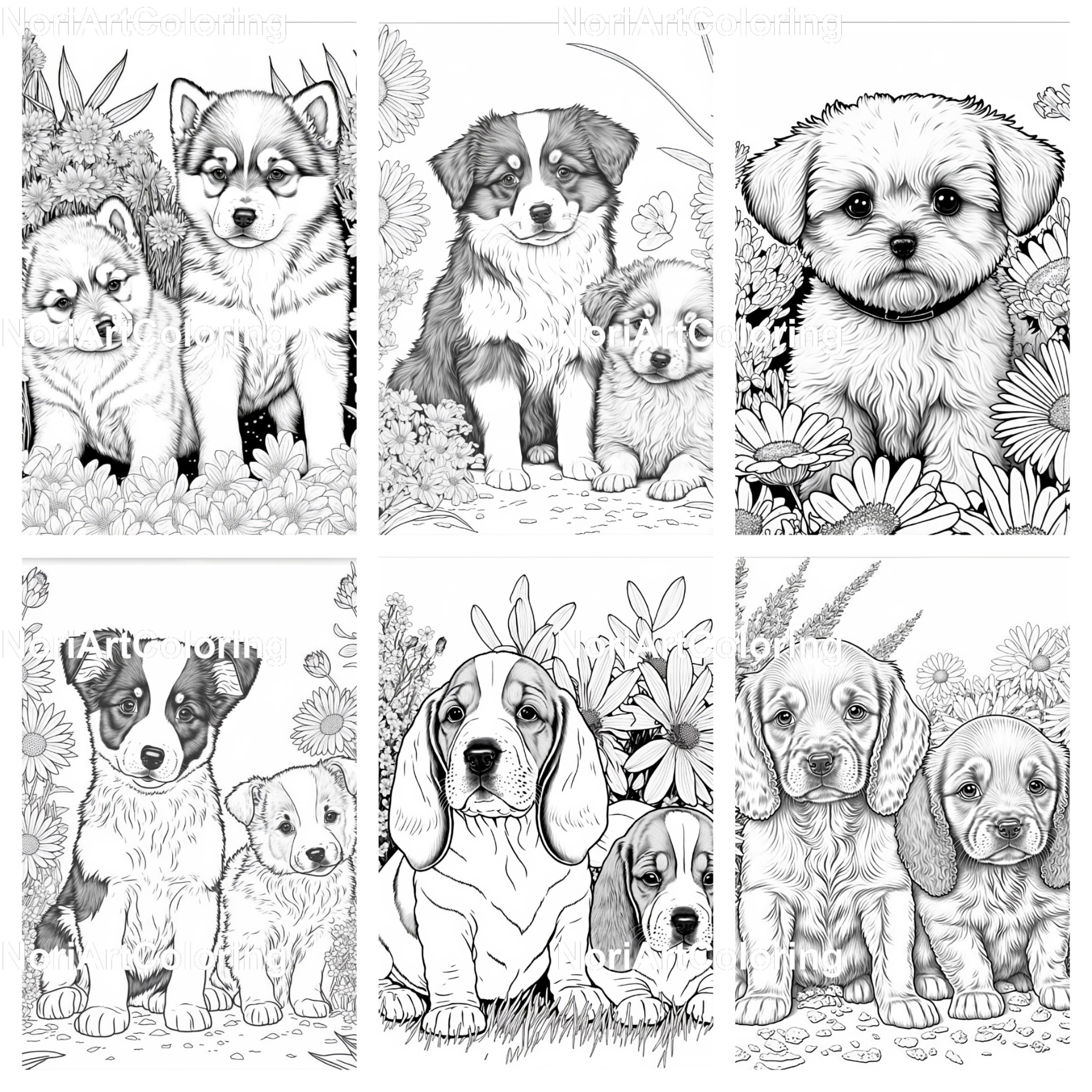 10 匹のかわいい子犬の異なる種の塗り絵 | 印刷可能な大人の