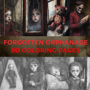 80 páginas para colorear en escala de grises de un orfanato olvidado, libro para colorear gótico, páginas para colorear vintage oscuras para adultos, retratos de niños espeluznantes en PDF