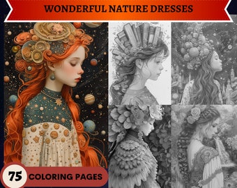 75 maravillosos vestidos de la naturaleza Páginas para colorear en escala de grises / Páginas para colorear para adultos imprimibles / Descargar ilustración en escala de grises