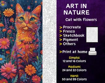 Colorir por Números, Páginas para Colorir Digitais, Pintar por Números, Livro de Colorir para Procreate, Livro de Colorir para Adultos, Gato com Flores