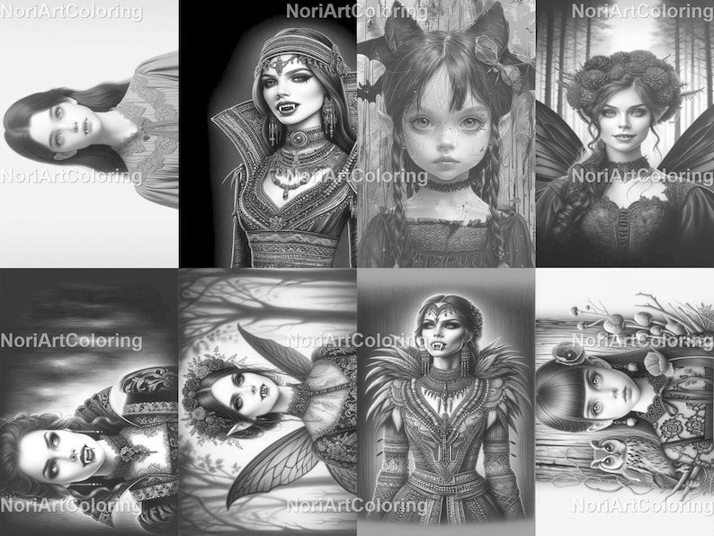 50 Eternal Night Watch Coloring Pages Printable Adult Kids Coloring Pages Download Grayscale Gothic Vampire Women Children Girls image 3