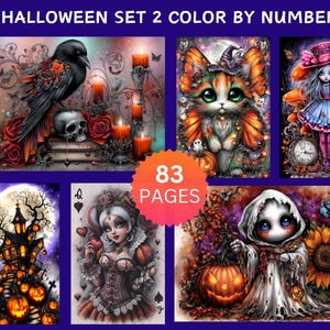 Pode incluir: Uma coleção de ilustrações com tema de Halloween, incluindo um corvo preto, uma caveira, um gato com asas de borboleta, uma menina com um relógio, uma casa assombrada, uma rainha de copas e um fantasma com uma abóbora. O texto "HALLOWEEN SET 2 COLOR BY NUMBER" e "83 PAGES" também são visíveis.