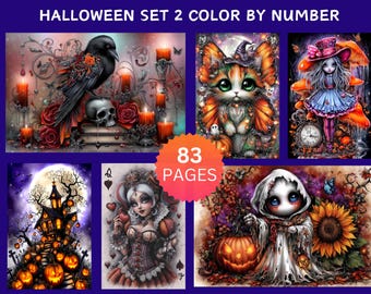 83 Halloween-Malen-nach-Zahlen-Seiten (Set 2) | Gruselig-süßes digitales Malbuch für Erwachsene | Malen nach Zahlen (PDF/PNG-Bundle) | Procreate-kompatibel