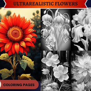 65 Ultrarealistic Flowers Grayscale Coloring Pages | Printable Adult Coloring Pages | Download Grayscale Illustration | Bundle Coloring