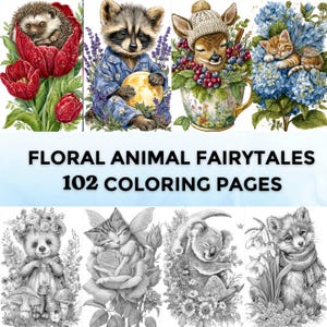 102 Floral Animal Fairytales Grayscale Coloring Pages | Fantasy Animals | Pets Coloring | Digital Printable  Book for Adults | PDF Download