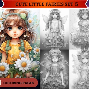58 Cute Little Fairies Set 5 Coloring Pages | Printable Adult Coloring Pages | Download Grayscale Illustration| Fairy Coloring Pages|Fantasy