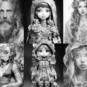 May include: A collection of six black and white coloring pages featuring different characters. The characters include a bearded man, a girl with a flower crown, a woman with long hair, a girl with a skull, a girl with a flower crown, and a woman with a headscarf.