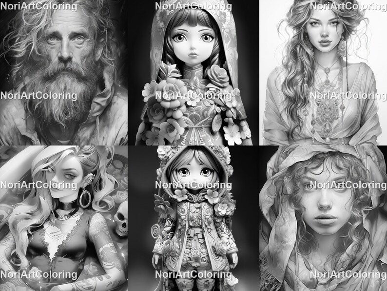 May include: A collection of six black and white coloring pages featuring different characters. The characters include a bearded man, a girl with a flower crown, a woman with long hair, a girl with a skull, a girl with a flower crown, and a woman with a headscarf.