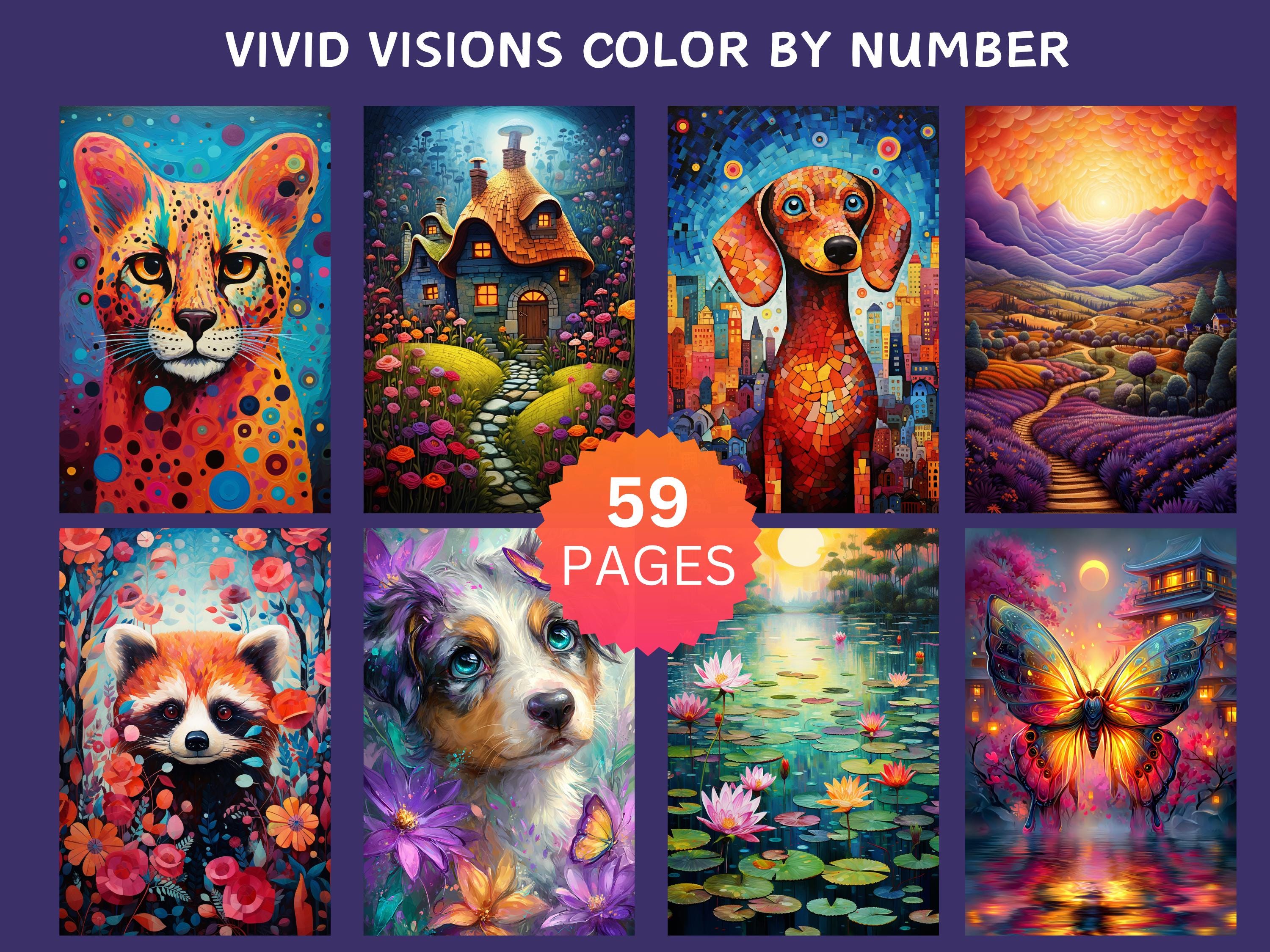 Paquete de 59 páginas Vivid Visions para colorear por números, Libro de colorear digital para adultos, Animales y paisajes para imprimir o usar en Procreate