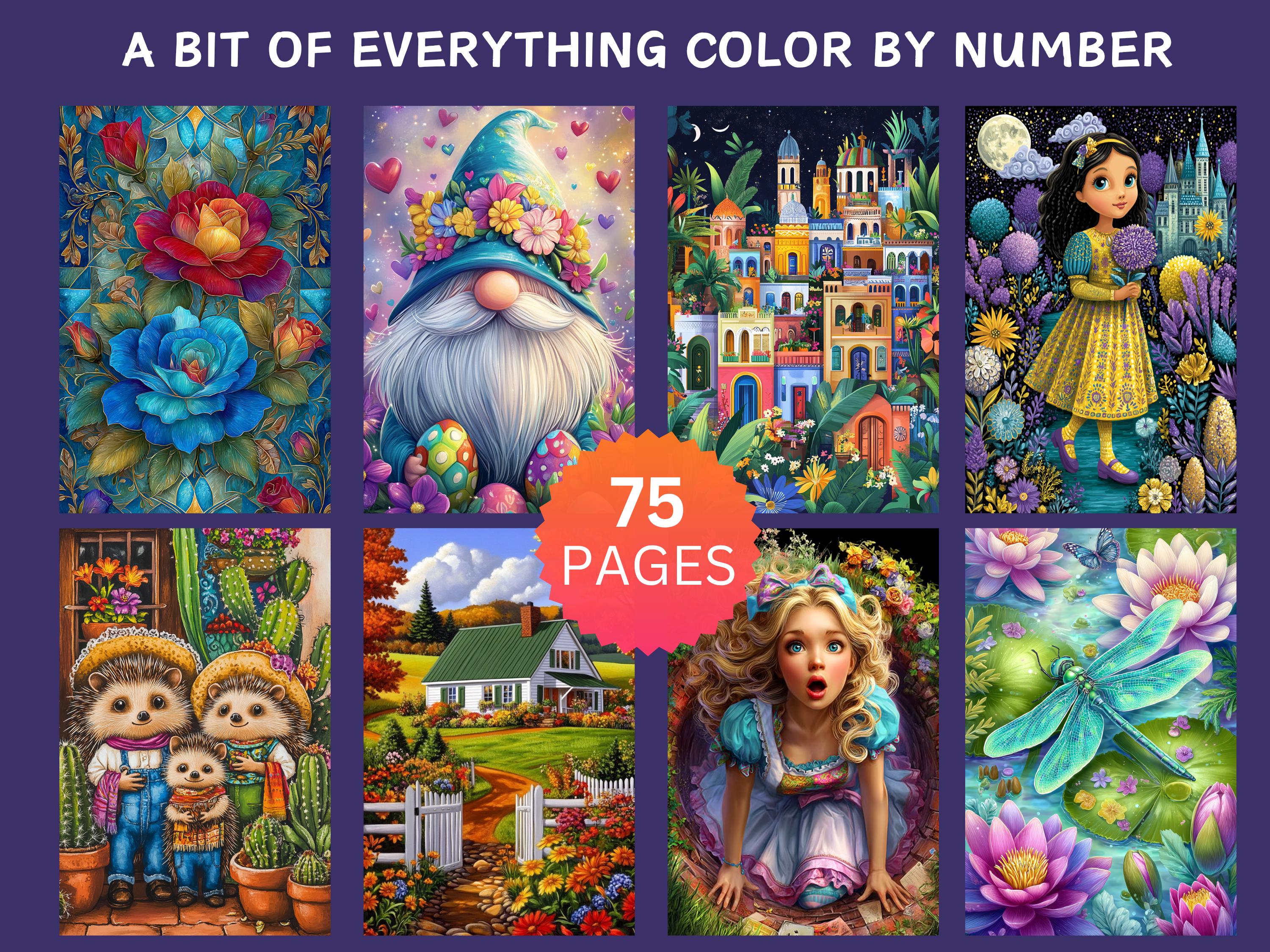 75 Un poco de todo: Páginas de colorear por números – Paquete digital para adultos, Procreate e impresión