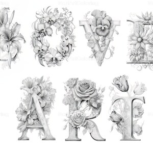 以下が含まれることがあります： 「LOVE ART」という単語を、それぞれの文字に異なる花で飾った白黒の鉛筆画です。