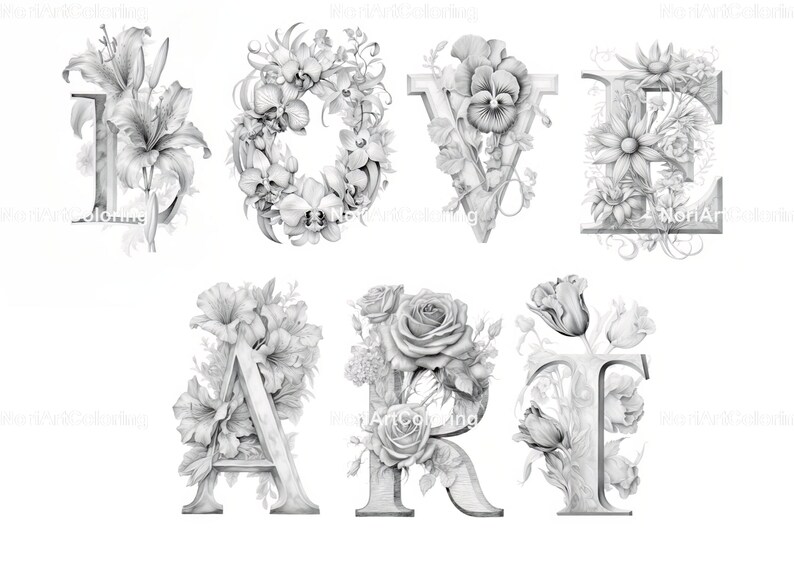 以下が含まれることがあります： 「LOVE ART」という単語を、それぞれの文字に異なる花で飾った白黒の鉛筆画です。