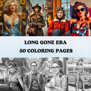 50 Long Gone Era Grayscale Coloring Pages  | Vintage Portraits &#39;50s 20s | Elegant Women Men Digital Printable Book | Digital PDF