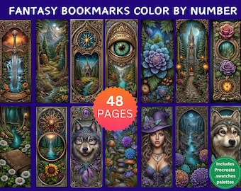 48 Fantasy Bookmarks Color by Number Pages, Digital Coloring Pages, Paint by Numbers Bundle, Procreate Adults Coloring Book, Gothic CBN