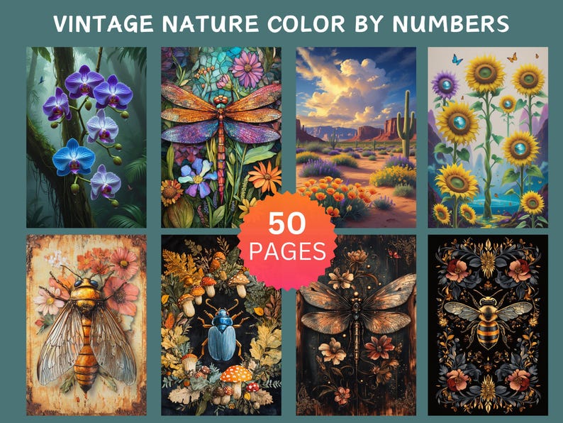 50 Vintage Nature Color by Number Pages, Digital Coloring Pages, Paint by Numbers Bundle, Procreate Adults Coloring Book, Flowers Insects image 4