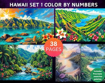 38 Color by Number Pages, Digital Coloring Pages, Paint by Numbers Bundle, Procreate Adults Coloring Book, Hawaii Landscapes and Wildlife