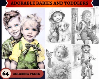 64 Adorable Babies Toddlers and Young Children Grayscale Coloring Pages | Noir Coloring Pages | Printable Adult Coloring Pages|Printable PDF