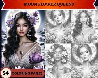 54 Páginas para colorear en escala de grises de Moon Flower Queens / Páginas para colorear para adultos imprimibles / Descargar escala de grises / Fantasía / Flores Naturaleza