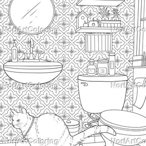 Puede incluir: Un dibujo en blanco y negro de un gato en un ba&ntilde;o. El gato est&aacute; sentado en el suelo junto a un inodoro y un lavabo. El ba&ntilde;o tiene un suelo y paredes de azulejos con patrones. Hay estantes sobre el lavabo con varios art&iacute;culos en ellos.