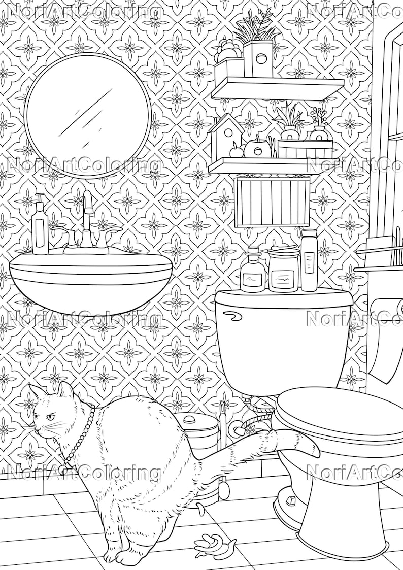 Puede incluir: Un dibujo en blanco y negro de un gato en un ba&ntilde;o. El gato est&aacute; sentado en el suelo junto a un inodoro y un lavabo. El ba&ntilde;o tiene un suelo y paredes de azulejos con patrones. Hay estantes sobre el lavabo con varios art&iacute;culos en ellos.