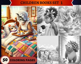 50 « Lot de livres pour enfants 1 » pages à colorier en niveaux de gris | Coloriages pour adultes à imprimer | Télécharger en niveaux de gris