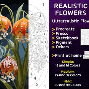 Color by Number, Digital Coloring Pages, Paint by Numbers, Procreate Coloring Book, Adults Coloring , Ultrarealistic Flower 4
