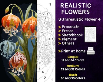 Color by Number, Digital Coloring Pages, Paint by Numbers, Procreate Coloring Book, Adults Coloring , Ultrarealistic Flower 4