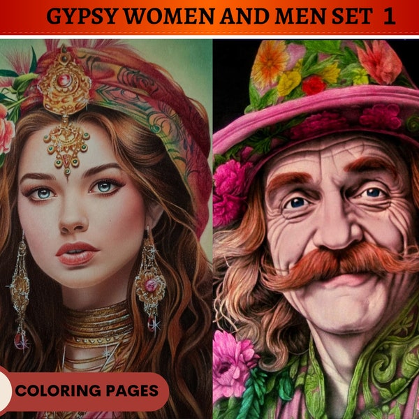 36 Gypsy Women and Men Grayscale Coloring Pages Set 1 |Romani Girls and Boys coloring pages | Printable Adult Coloring Pages | Printable PDF