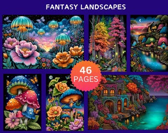 46 Fantasy Landscape Color By Number Pages | Enchanted Forest, Magical Worlds, Glow Nature Printable Coloring | Adult Fantasy Coloring