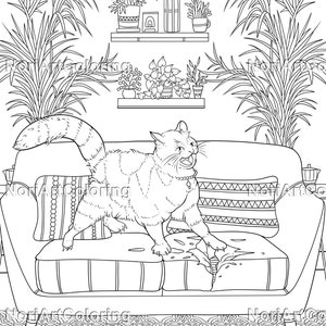 Puede incluir: Un dibujo en blanco y negro de un gato sentado en un sof&aacute; con un coj&iacute;n estampado. El gato mira hacia la derecha y tiene la boca abierta. Hay plantas en macetas en un estante sobre el sof&aacute;.