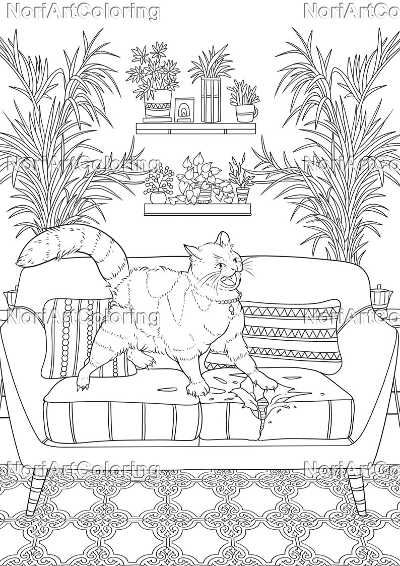 Puede incluir: Un dibujo en blanco y negro de un gato sentado en un sof&aacute; con un coj&iacute;n estampado. El gato mira hacia la derecha y tiene la boca abierta. Hay plantas en macetas en un estante sobre el sof&aacute;.