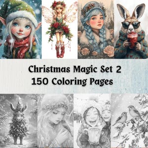 150 pages à colorier Christmas Magic 2 en niveaux de gris pour adultes | Téléchargement instantané | Cartes vintage Paysages Animaux mignons Père Noël Neige à imprimer