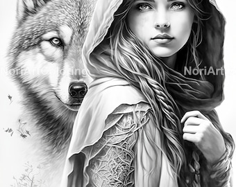 Página para colorear de Caperucita Roja y el Lobo / Cuento de hadas / Páginas para colorear / Páginas para colorear imprimibles para adultos / Descargar ilustración en escala de grises