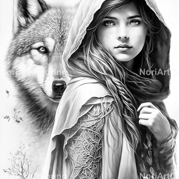 Red Riding Hood and Wolf coloring page | Fairytale | Coloring Pages | Printable Adult Coloring Pages | Download Grayscale Illustration