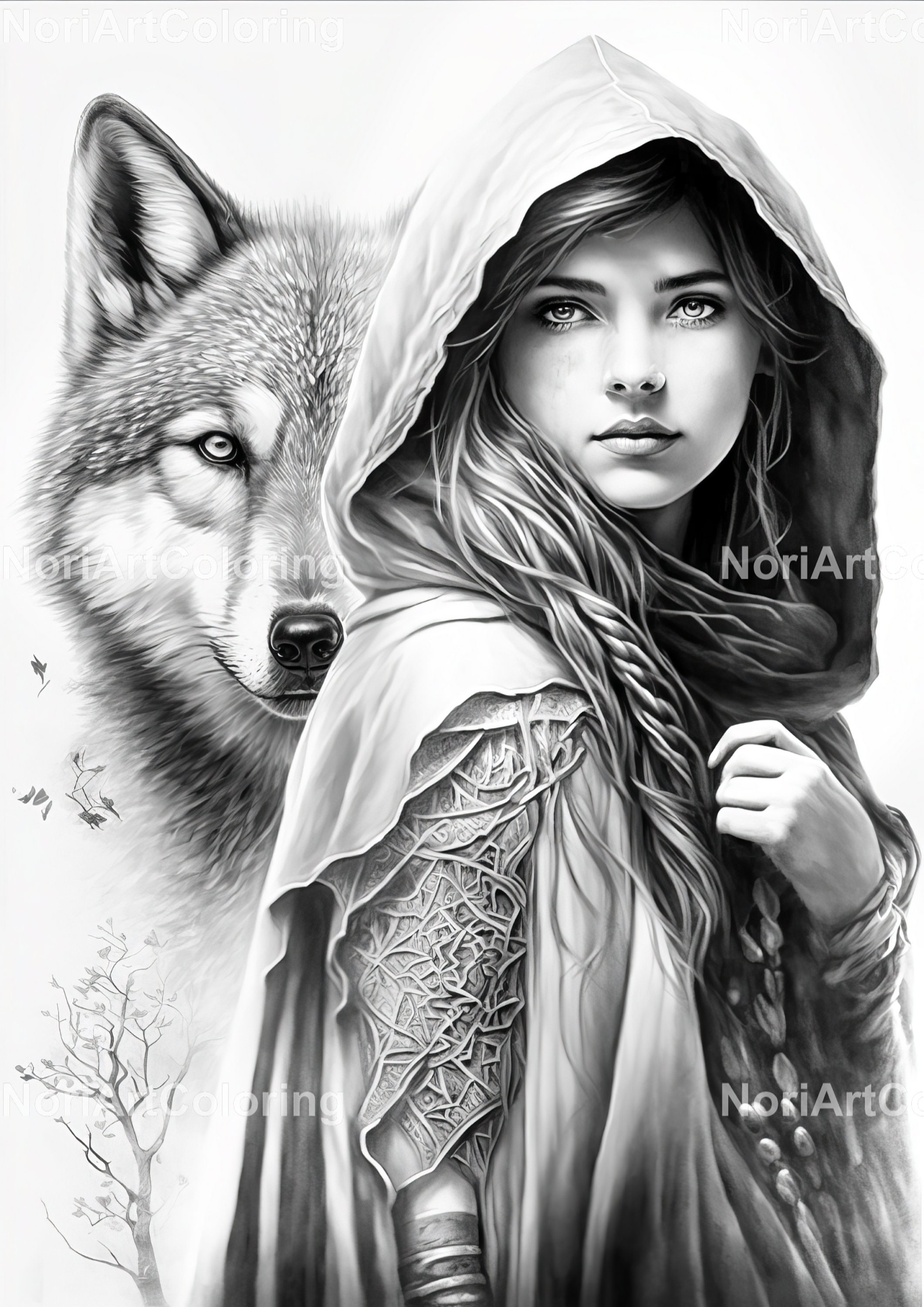 Rotkäppchen und Wolf zum Ausmalen   Märchen   Malvorlagen   Ausmalbilder  Erwachsene   Download Graustufen Illustration