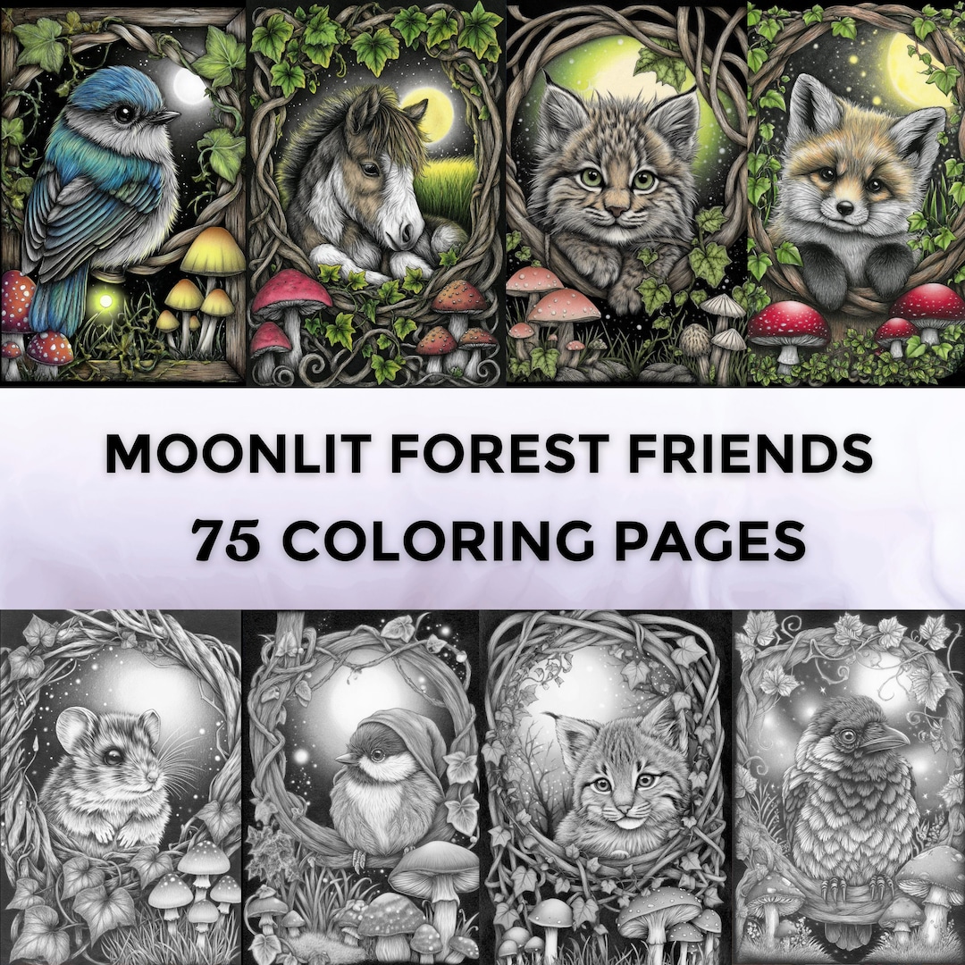 75 Moonlit Forest Friends Grayscale Coloring Pages | Printable Coloring ...