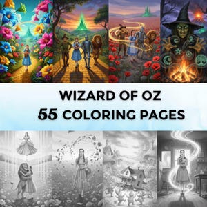 May include: A selection of illustrations from The Wizard of Oz, featuring Dorothy, the Tin Man, the Scarecrow, the Cowardly Lion, and the Wicked Witch. The text "WIZARD OF OZ 55 COLORING PAGES" is visible.