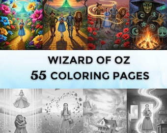 55 Wizard of Oz Grayscale Coloring Pages | Emerald City, Fantasy Characters, Witches, Castles & Enchanted Worlds | Adult Coloring Printable