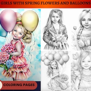 36 filles en niveaux de gris avec des fleurs printanières et des ballons à colorier | Coloriages pour adultes à imprimer | Téléchargez l&#39;illustration en niveaux de gris|PDF