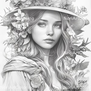 May include: A black and white pencil drawing of a woman with long hair wearing a wide-brimmed hat adorned with flowers. The woman is looking to the right of the image.