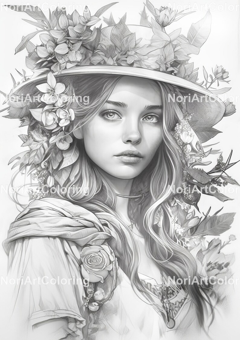 May include: A black and white pencil drawing of a woman with long hair wearing a wide-brimmed hat adorned with flowers. The woman is looking to the right of the image.