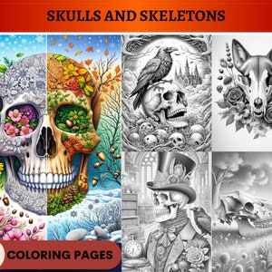 50 Skull and Skeletons Grayscale Coloring Pages | Printable Adult Coloring Pages | Download Grayscale | Instant PDF